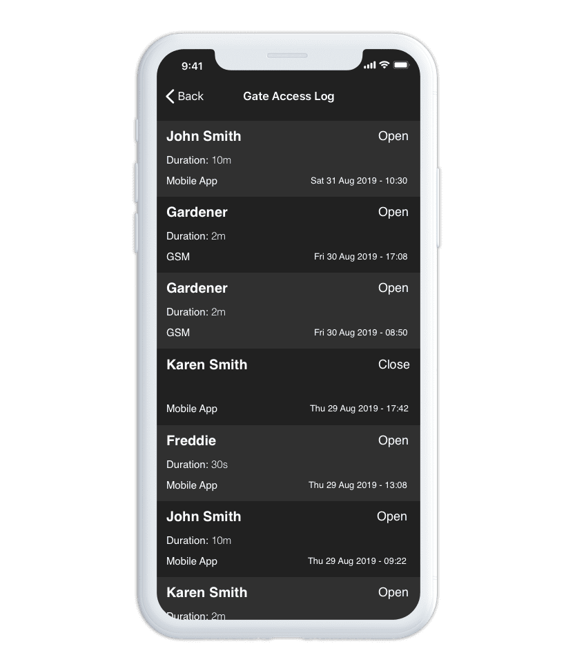 digiGate access log app screen