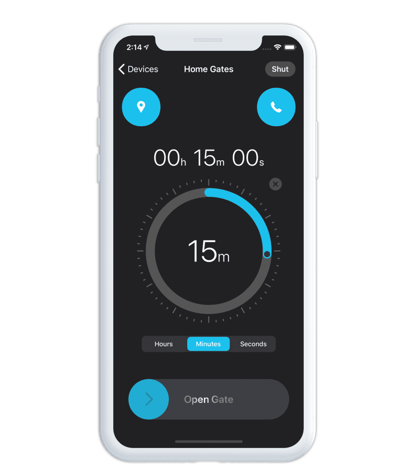 digiGate gate controls page with proximity control, GSM calling and gate open latch