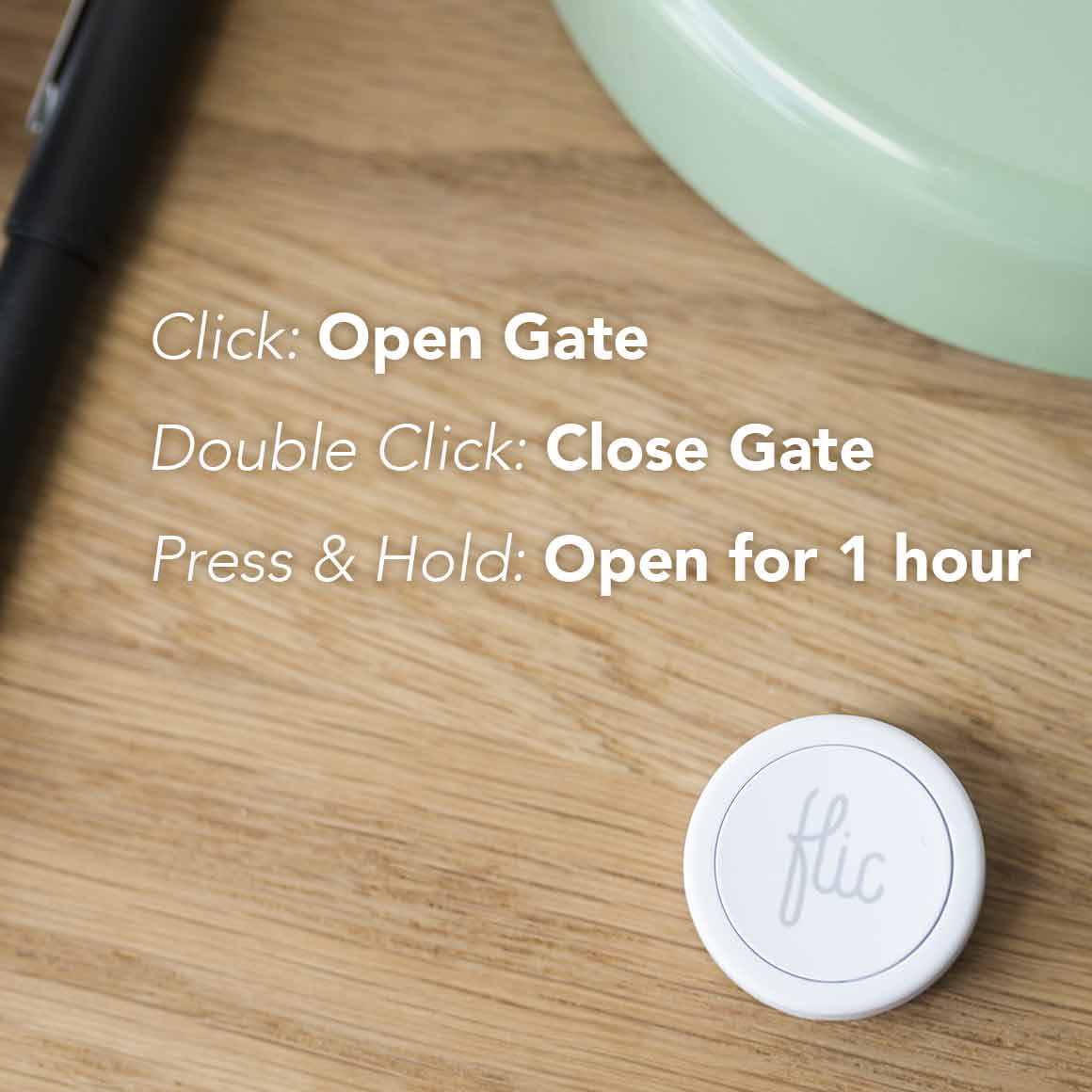 Flic button with electric gate actions: Open, Close, Hold open gate
