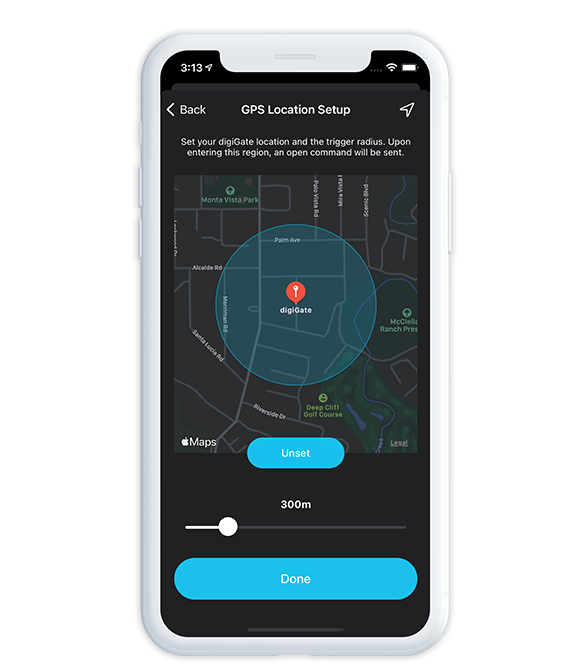 digiGate GPS proximity detection with a map where you set control radius for the gate to open