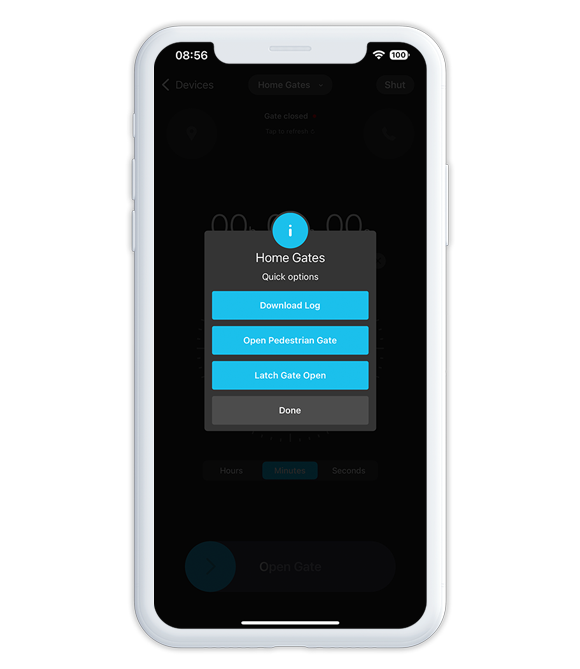 digiGate app menu with pedestrian gate control button