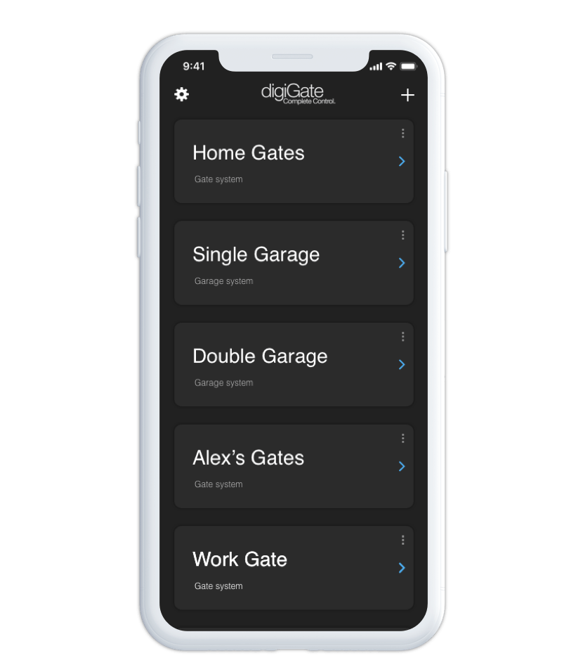 digiGate app screen with multiple electric gate and garage devices