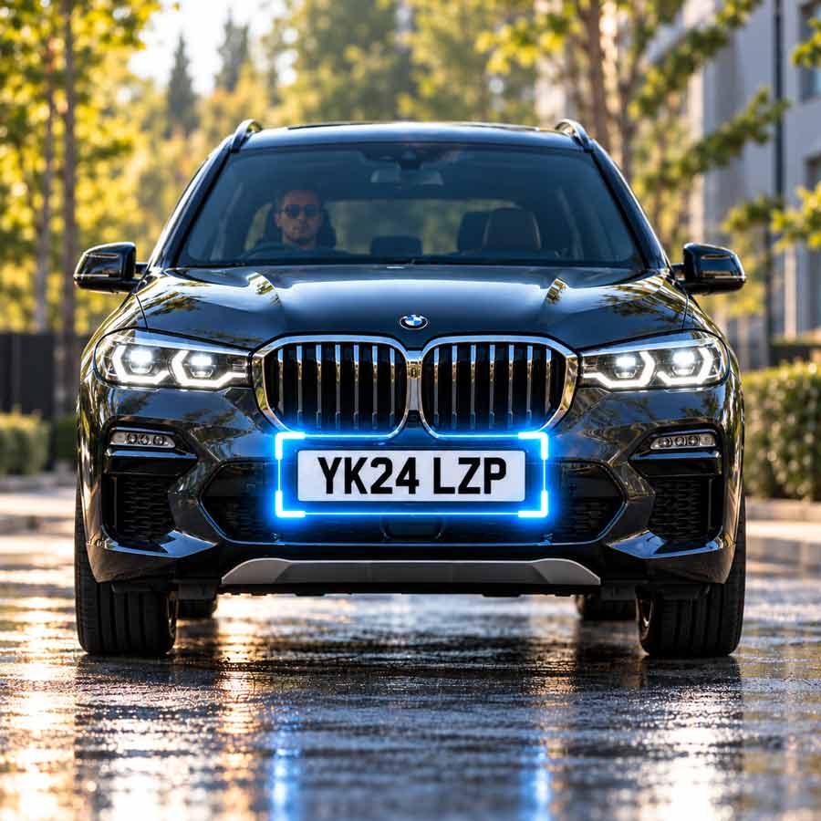 Number plate on a BMW SUV surrounded by a blue rectangle as if scanned by ANPR camera.
