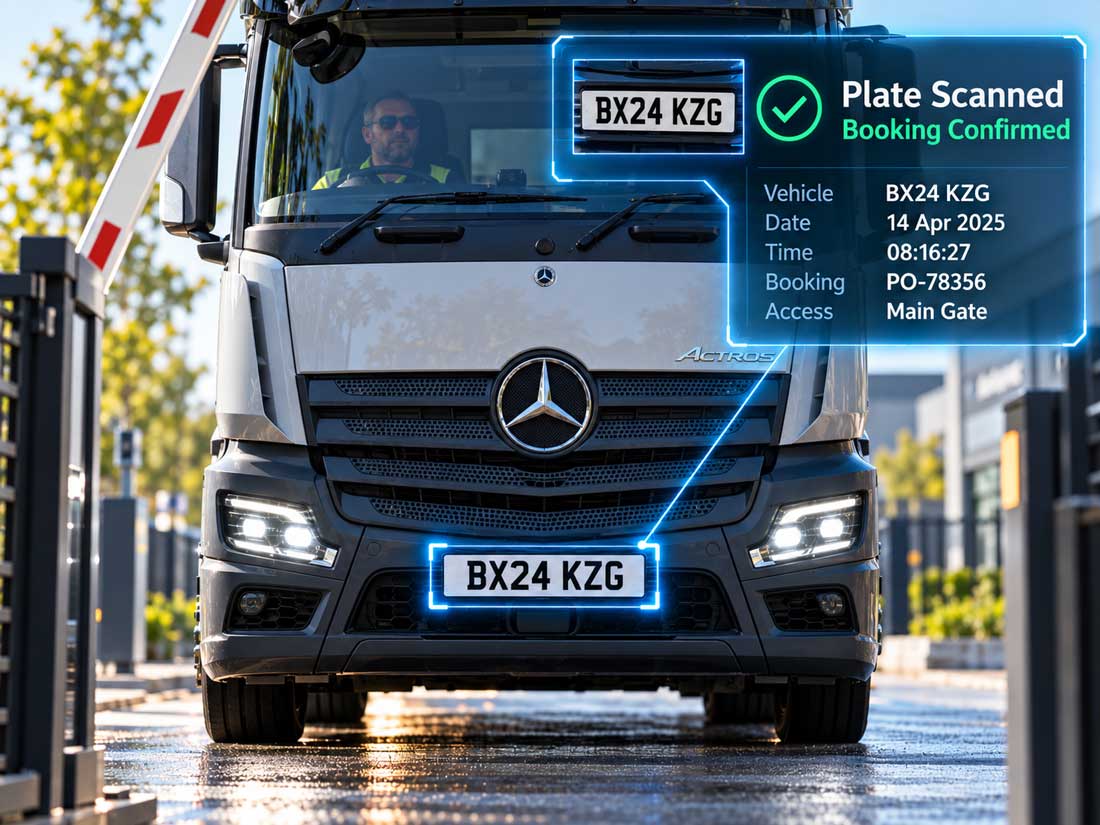 Front view of a Mercedes-Benz haul truck at an electric automatic barrier, with a digital overlay showing a scanned plate BX24 KZG and booking confirmation details.