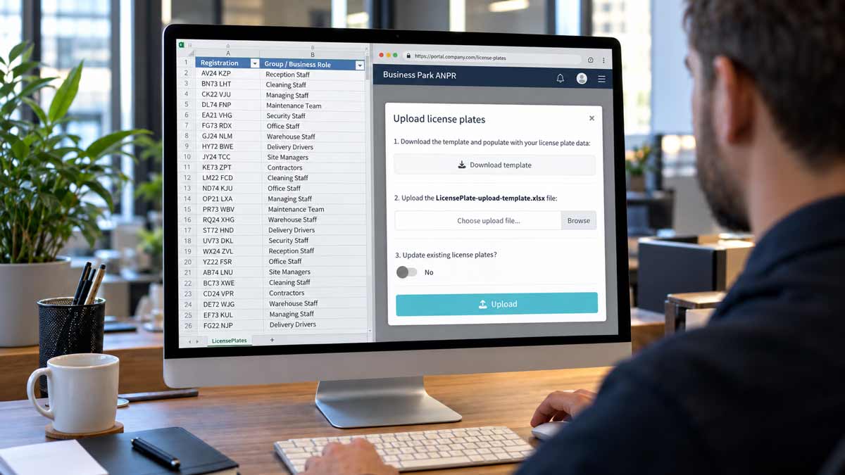 A person seated at a desk uses a computer monitor displaying the digiGate Pro management console software interface for uploading license plates via spreadsheet. The scene is set in a bright office environment with a plant, mug, and keyboard visible.