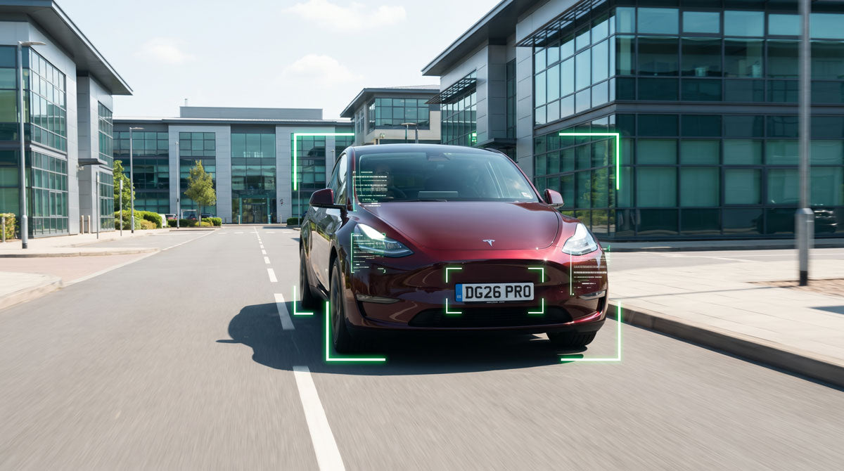 A dark red Tesla Model Y is shown from the front on a paved road, with modern glass office buildings in the background and green digital bounding boxes overlaid on the vehicle showing ANPR scanning activity