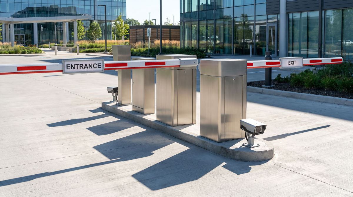A modern stainless steel automatic vehicle entry and exit gate system with red-and-white barrier arms, mounted ANPR cameras, and concrete bases in front of a glass office building.