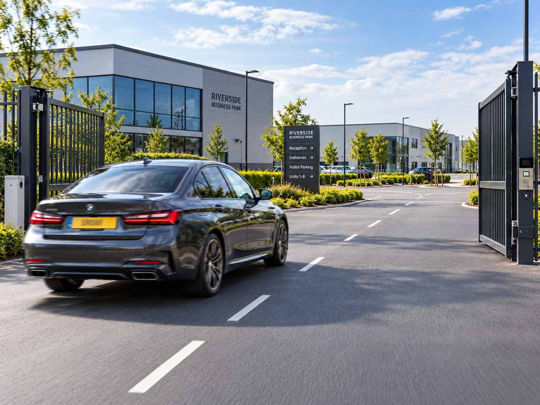 A dark grey BMW sedan drives through a secure industrial estate electric gate entrance under a blue sky, with a modern building and signage visible in the background.