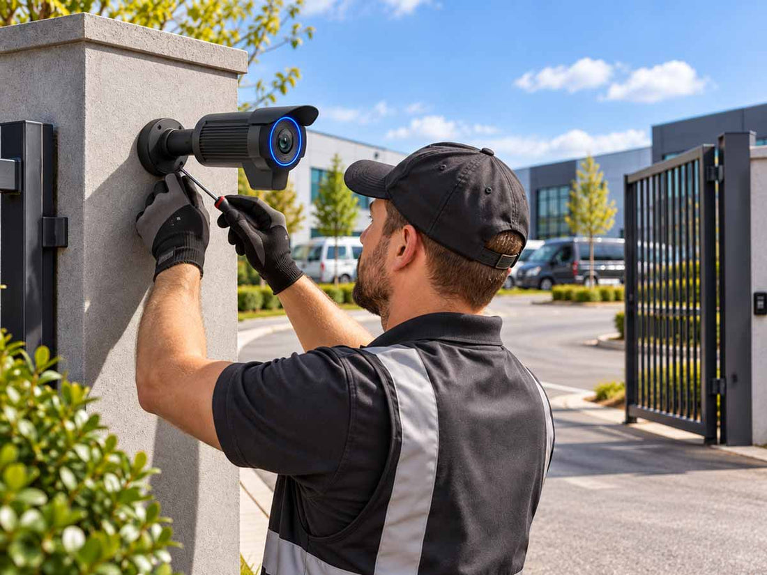 A man in a black uniform and cap installs a black ANPR camera with a blue ring on a grey concrete pillar outside a secure facility under a blue sky.
