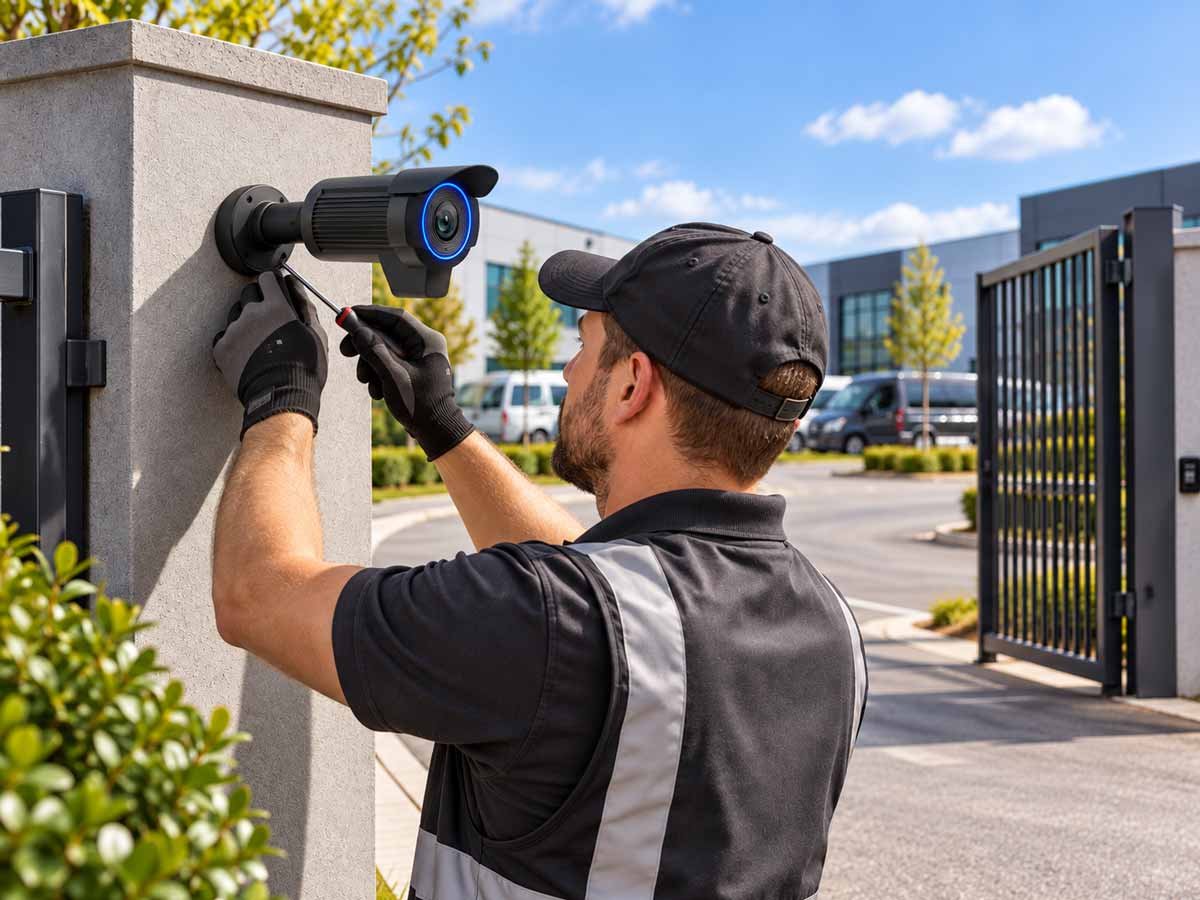A man in a black uniform and cap installs a black ANPR camera with a blue ring on a grey concrete pillar outside a secure facility under a blue sky.
