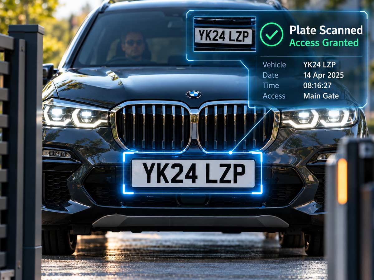 A dark BMW SUV approaches an electric automatic gate with a digital overlay showing a license plate scan and access granted. The front license plate is bordered with blue scan lines, while the scanned plate 'YK24 LZP' appears on the screen.