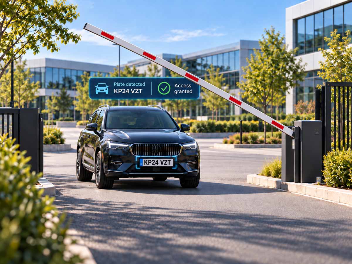 A black SUV approaches an automated barrier gate at a secure commercial site entrance. The barrier arm is opening, and a blue sign above reads 'Plate detected KP24 VZT' and 'Access granted.