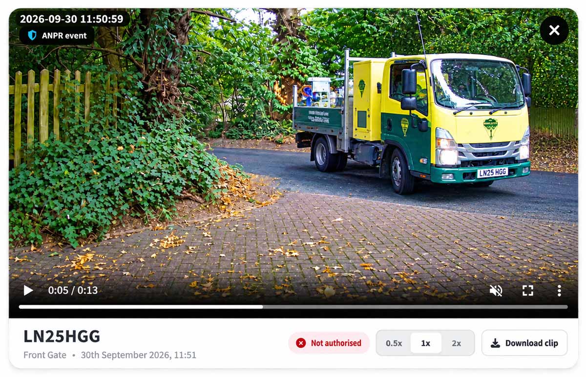 A video screenshot showing a green and yellow truck driving onto a paved driveway in a wooded outdoor setting. The interface includes video player controls, timestamp, and text labels such as 'LN25HGG' and 'Front Gate'.