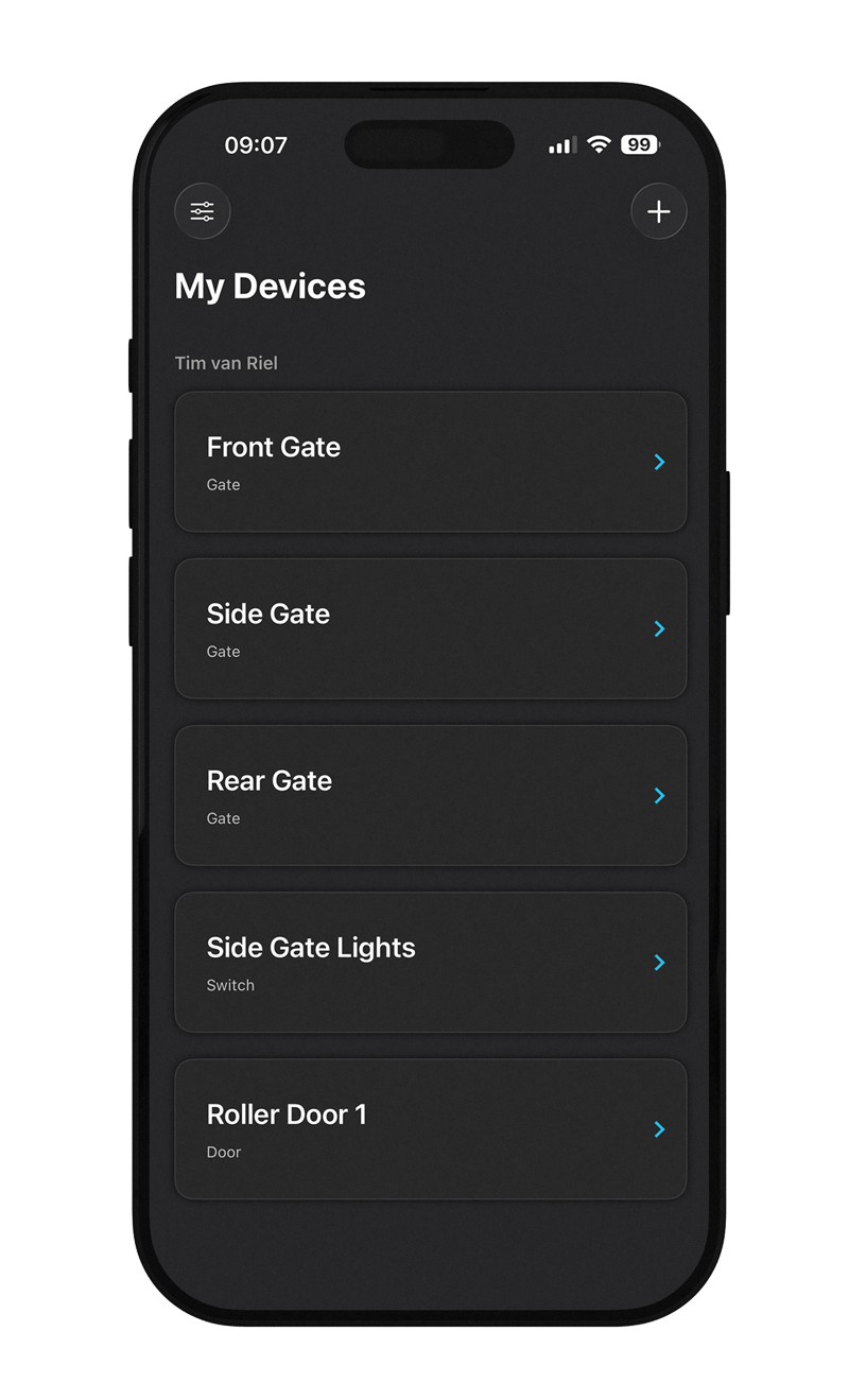 digiGate app on a phone screen displaying 'My Devices' with electric gate and door control options on a black background.