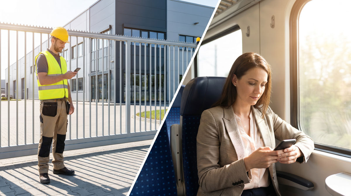 A split-screen lifestyle image showing a construction worker in a high-visibility yellow vest standing outside an electric gate and looking at a phone, next to a woman in a train seat looking at her phone.