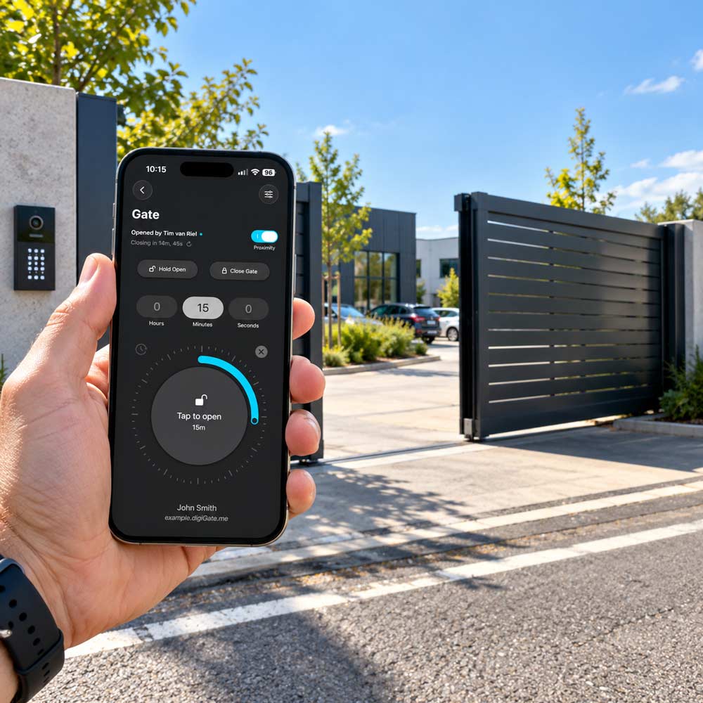 A hand holds a smartphone displaying an electric automatic gate control app in front of an open modern black gate and driveway under a blue sky.
