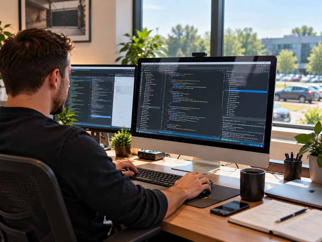 A person sits at a desk with 2 screens with computer programming code on the screen for a booking system integration API.