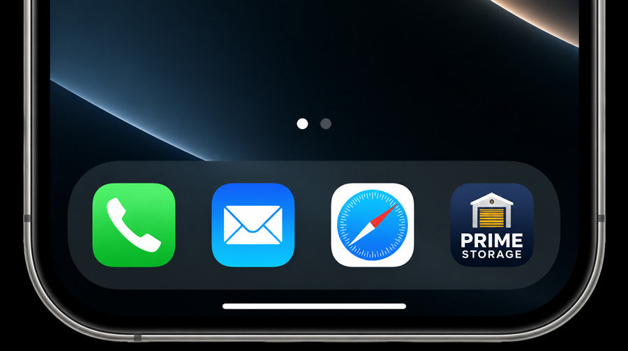 Phone screen with app icons including Phone, Messages, Safari, and Prime Storage on a dark background.