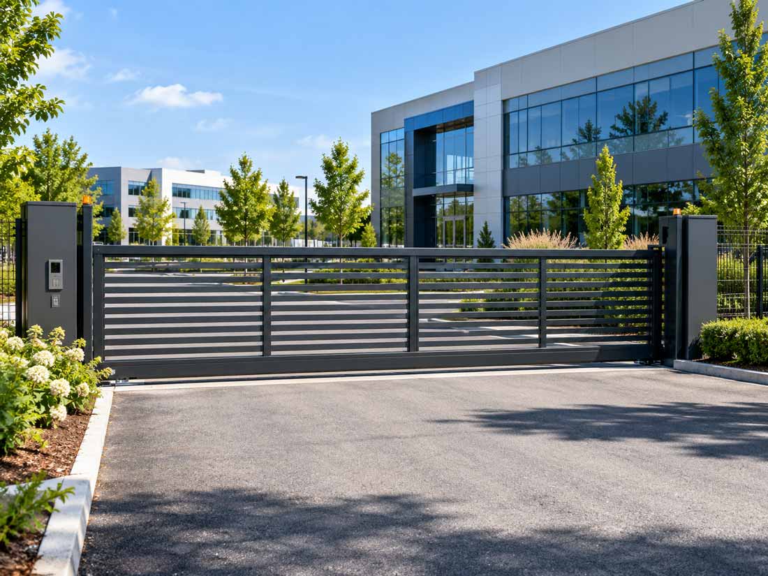 A modern dark grey metal security electric gate installed at a site entrance, with a contemporary glass office building, trees, and a blue sky in the background.