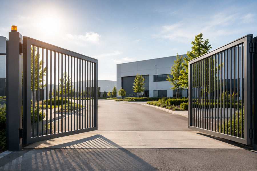 Open metal gate leading to a paved road with a building in the background