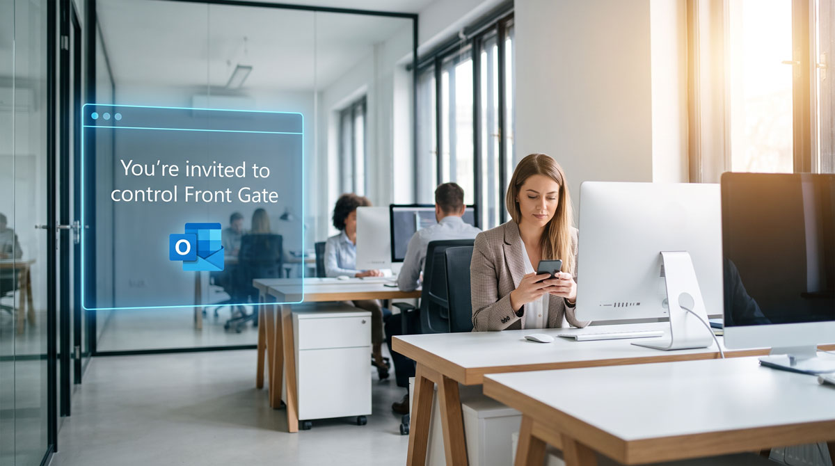 A woman in a modern office sits at a desk using a computer and phone, with a translucent digital overlay on the left reading 'You're invited to control Front Gate' and showing a blue Microsoft-style  Outlook icon.