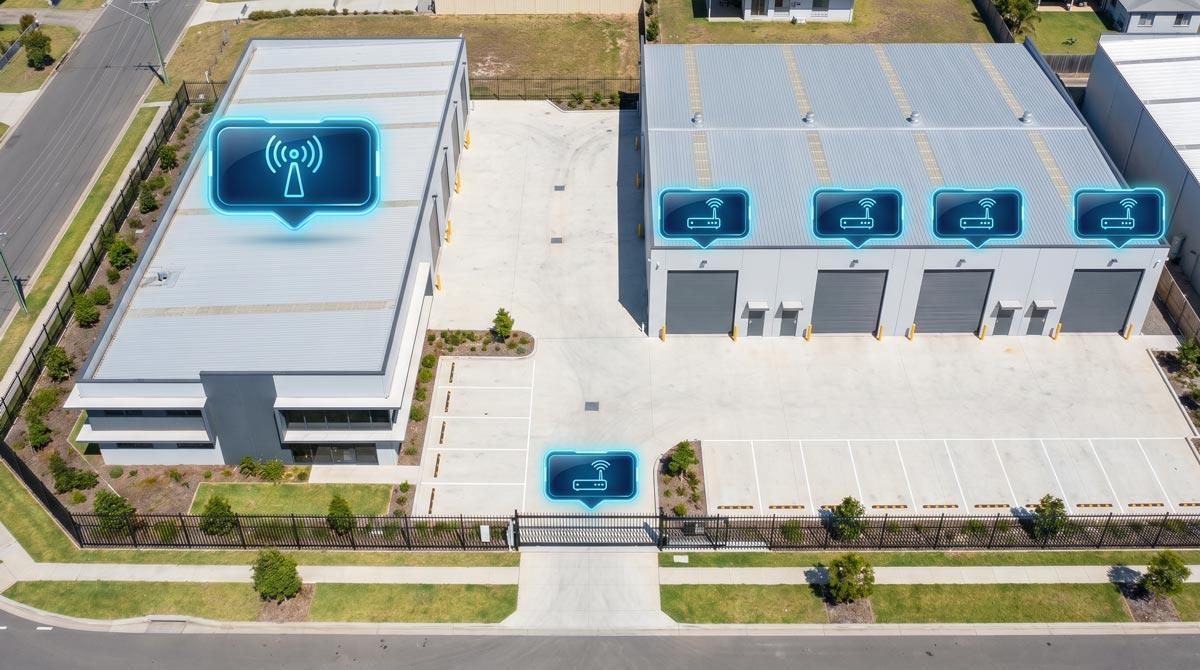 Aerial view of a warehouse complex with multiple loading dock bays and a paved courtyard, overlaid with glowing blue digital icons indicating signal coverage or connectivity. At the entrance is an electric gate.