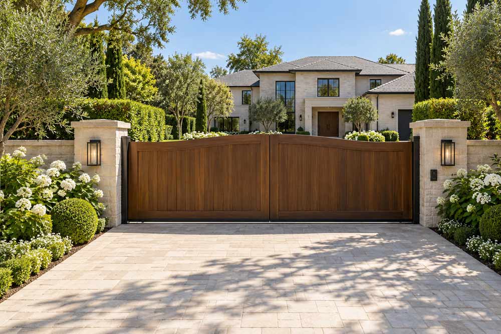 A large double-car wooden driveway automatic gate installed in a stone wall with landscaped gardens and a modern house in the background.