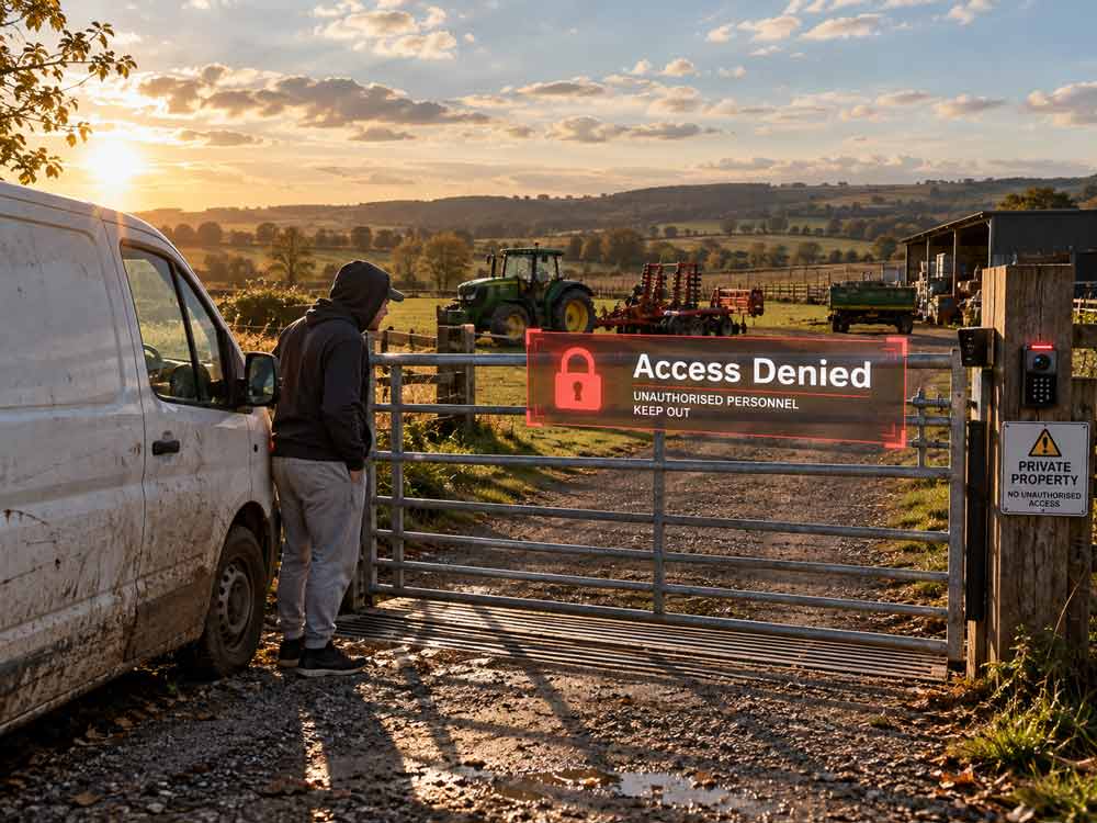 A metal electric automatic gate at a farm entrance with a sign reading 'Access Denied' and 'Unauthorised Personnel Keep Out.' A person in a dark hoodie and light trousers stands beside a white van, with a tractor and rural landscape in the background at sunset.