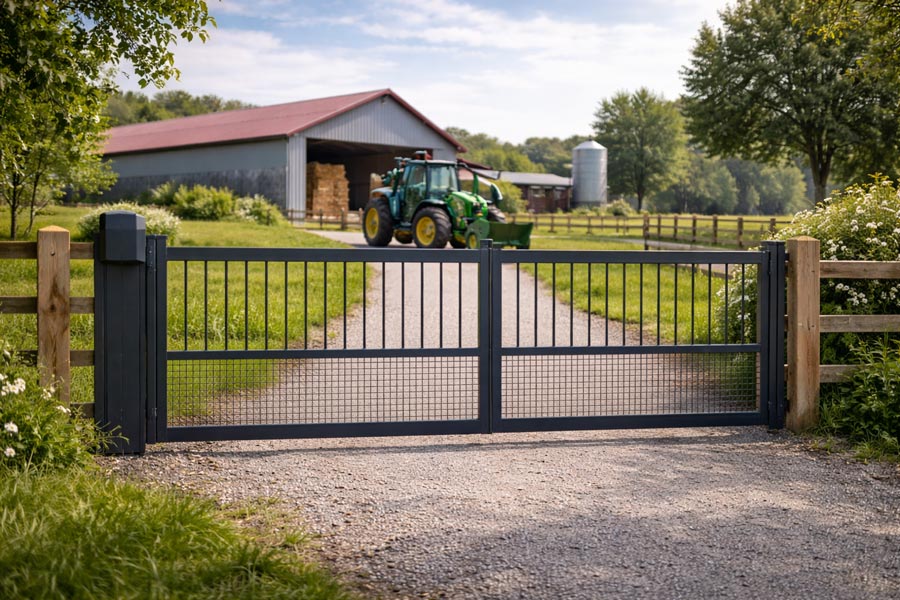 Tractor behind an electric gate on a farm with a barn and silo in the background.