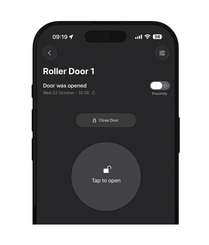 Smartphone displaying the digiGate app with a roller door control interface.