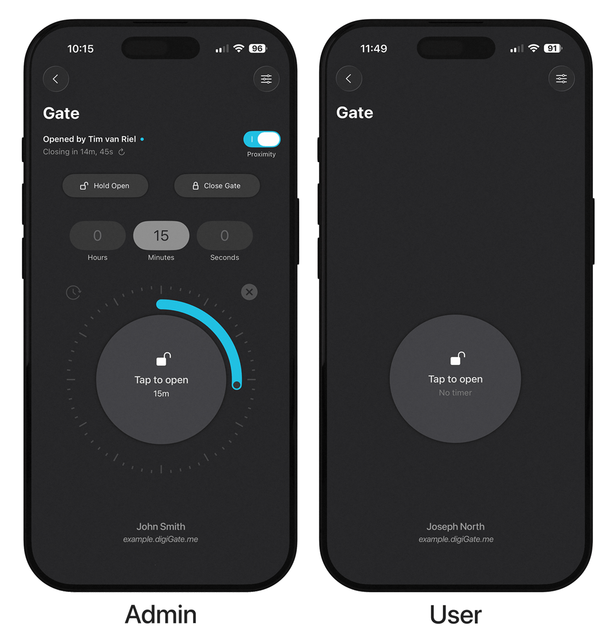 Two smartphone screens showing digiGate gate control app interface with admin and standard user views.