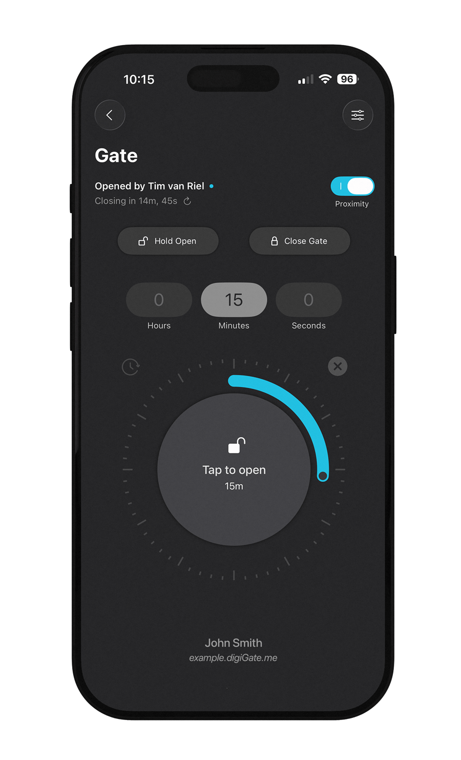 Phone screen displaying the digiGate gate control app with user interface elements.