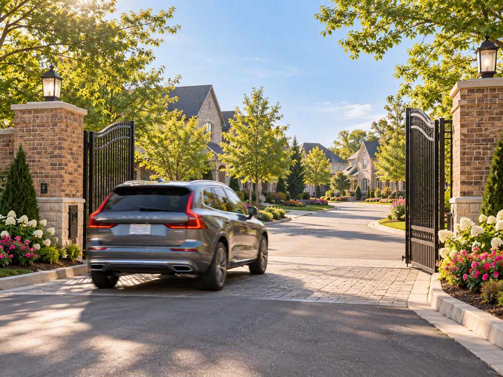 A dark grey Volvo SUV is shown from the rear, driving through an open black metal electric gate on a suburban brick driveway lined with trees, flowers, and stone pillars.