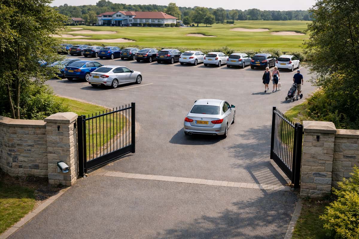 Electric gate with ANPR camera at the entrance to a golf course with cars parked inside in the car park