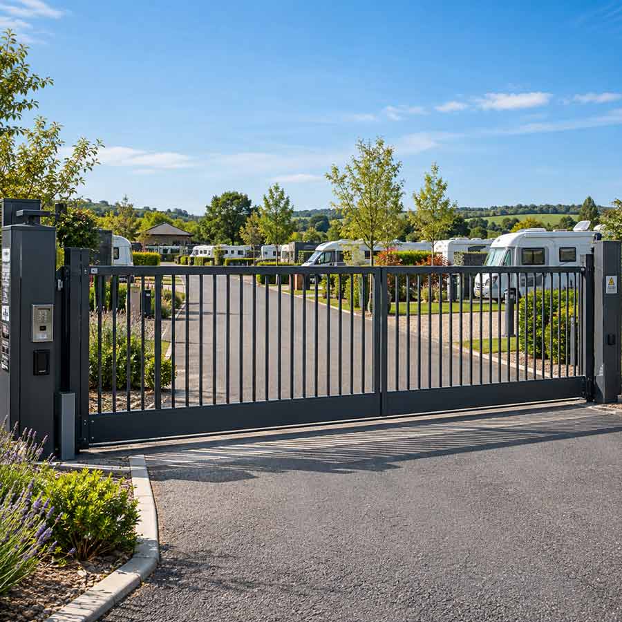 A dark grey automatic electric driveway gate installed at the entrance to a campsite parking area, with camper vans, trees, and a blue sky in the background.