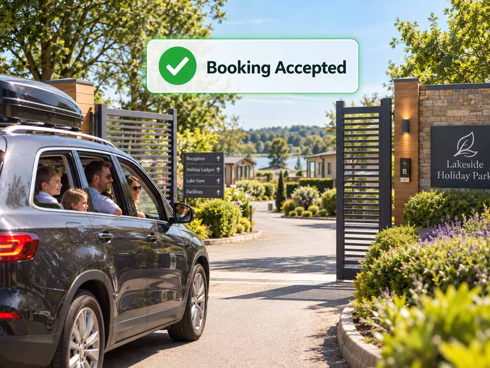 A black SUV with a roof box is parked outside an electric gate in the front of a resort entrance labeled Lakeside Holiday Park, with a large 'Booking Accepted' sign overlaid near the top. A family is visible in the vehicle, and the scene is set in a real outdoor environment with trees, shrubs, and a driveway.