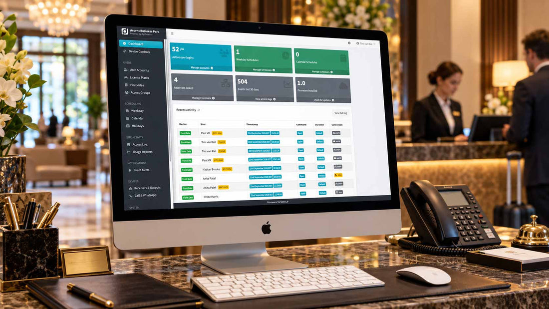 A desktop computer on a hotel reception desk displaying the digiGate management console dashboard, with a keyboard, mouse, and hotel lobby background.