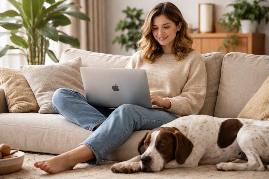 A lady sits on a sofa with her dog beside her, working on a laptop.