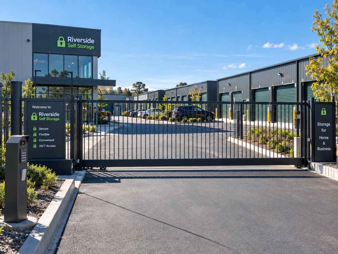 Riverside Self Storage facility entrance with a black metal electric gate, modern grey storage buildings, clear blue sky, and a paved driveway.