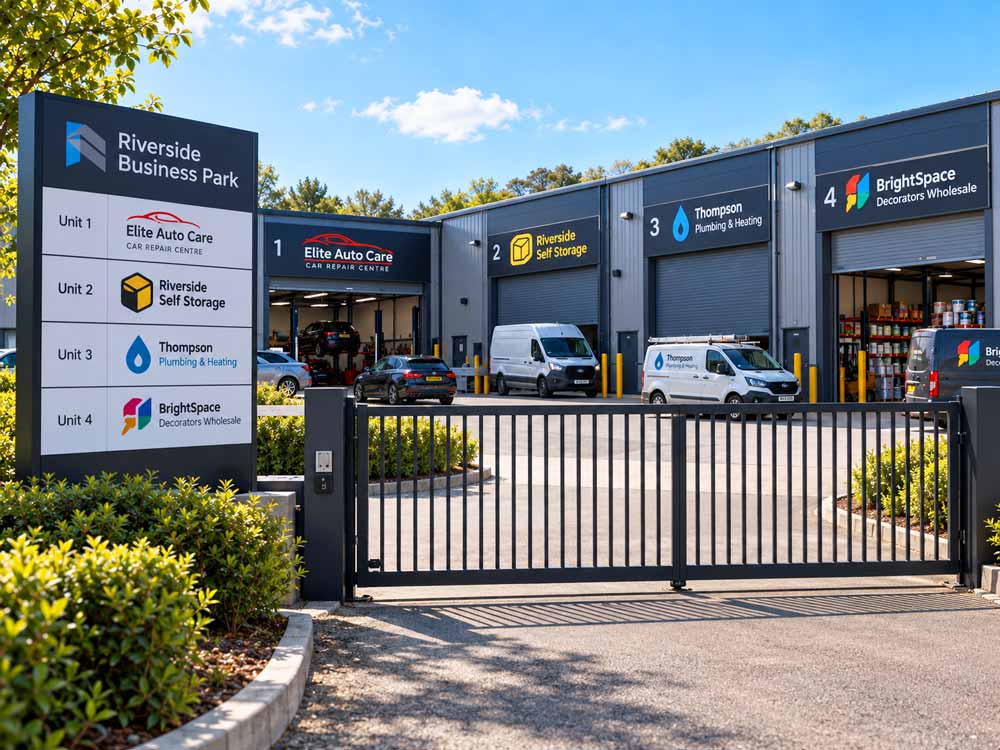 Riverside Business Park entrance with a black electric gate, a tall signpost listing tenants, and modern grey commercial buildings under a blue sky. Visible tenants include Elite Auto Care, Riverside Self Storage, Thompson Rentals & Housing, and BrightSpace.
