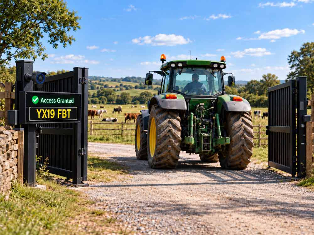 A green John Deere tractor drives through a black electric automatic farm gate on a gravel path, with a sign reading 'Access Granted' and 'YX19 FBT'. A pasture with cows is visible in the background under a blue sky.