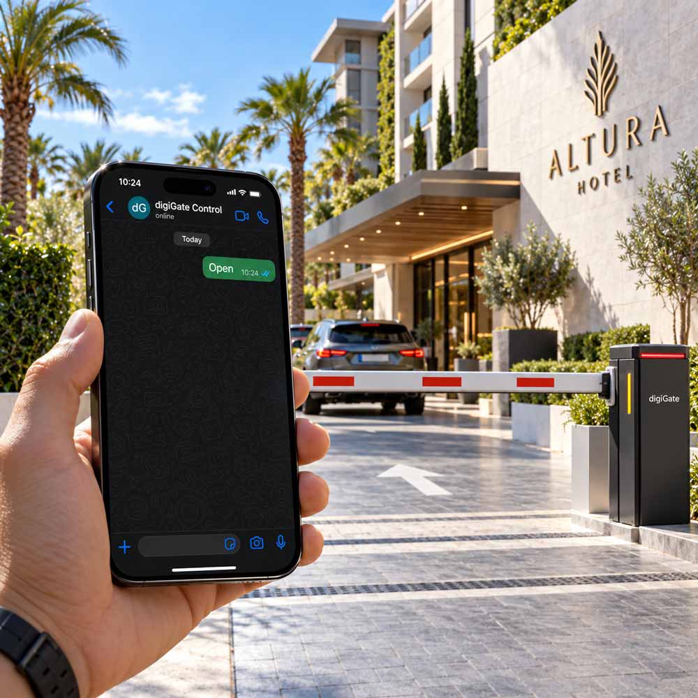 A hand holds a smartphone displaying WhatsApp with the message "Open" being sent. Behind is a hotel entrance and barrier gate in the background. The barrier system is branded digiGate, and the hotel sign reads ALTURA HOTEL.