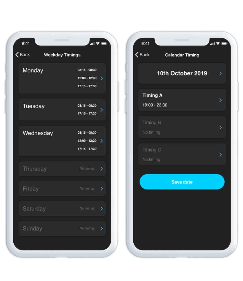 digiGate electric gate weekday and calendar schedule app screens