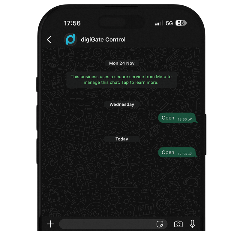 A smartphone mockup displaying a WhatsApp screen with the digiGate Control logo and chat bubbles, shown against a solid green background. Open messages are sent to the digiGate system in the chat.