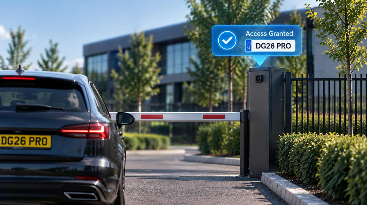 A black car approaches an automated entry gate with the barrier down. A blue digital ANPR overlay reads 'Access Granted' and 'DG26 PRO' above the gate controller, with a modern building and trees in the background.