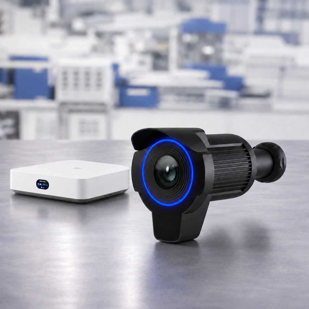 Black digiGate Pro ANPR camera with blue ring on a metallic work bench with the white ANPR control box beside it with small screen on the front.