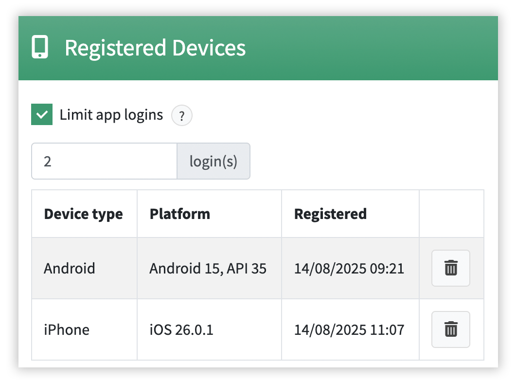 digiGate management console screen displaying registered devices with limit app logins feature