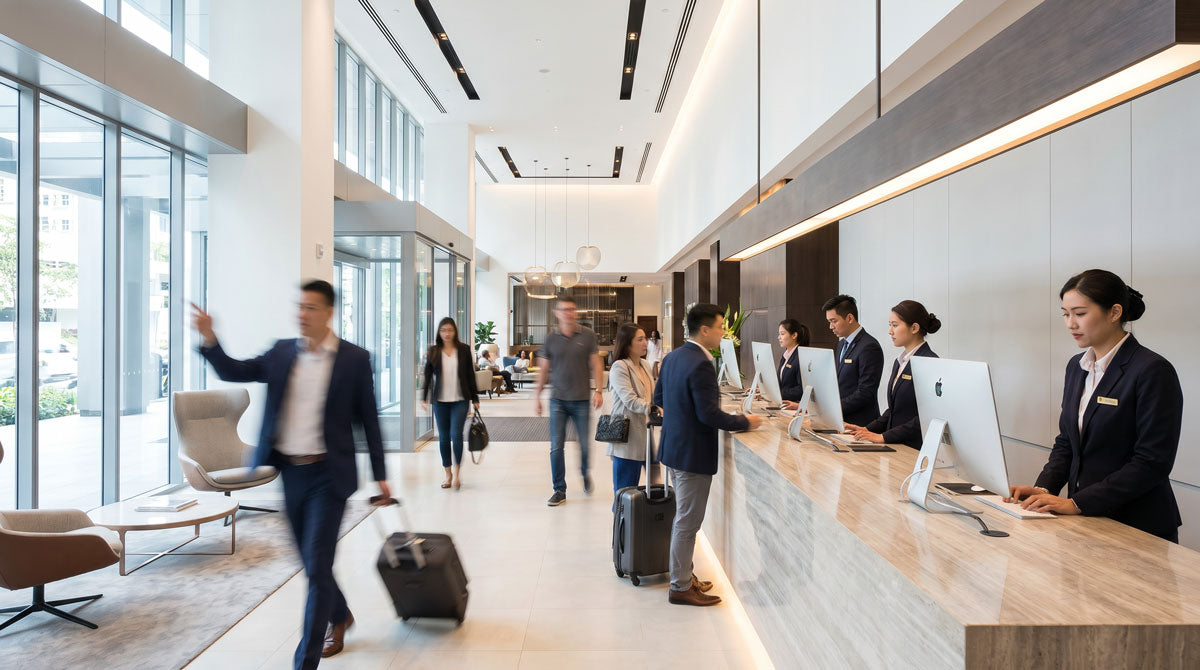 A modern hotel lobby reception area with multiple staff members behind a long marble counter and several guests walking or checking in. Large windows, bright overhead lighting, and a clean upscale interior are visible.