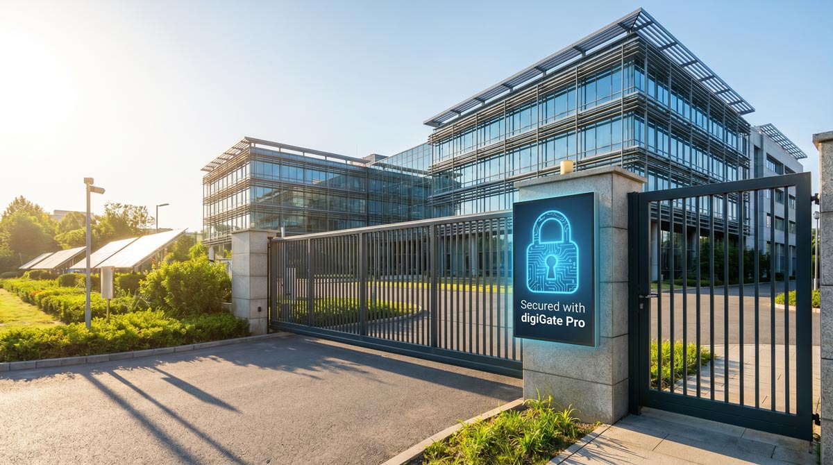 A modern glass office building with a black metal electric gate with pedestrian gate and a blue sign reading 'Secured with digiGate Pro', photographed outdoors in bright sunlight.