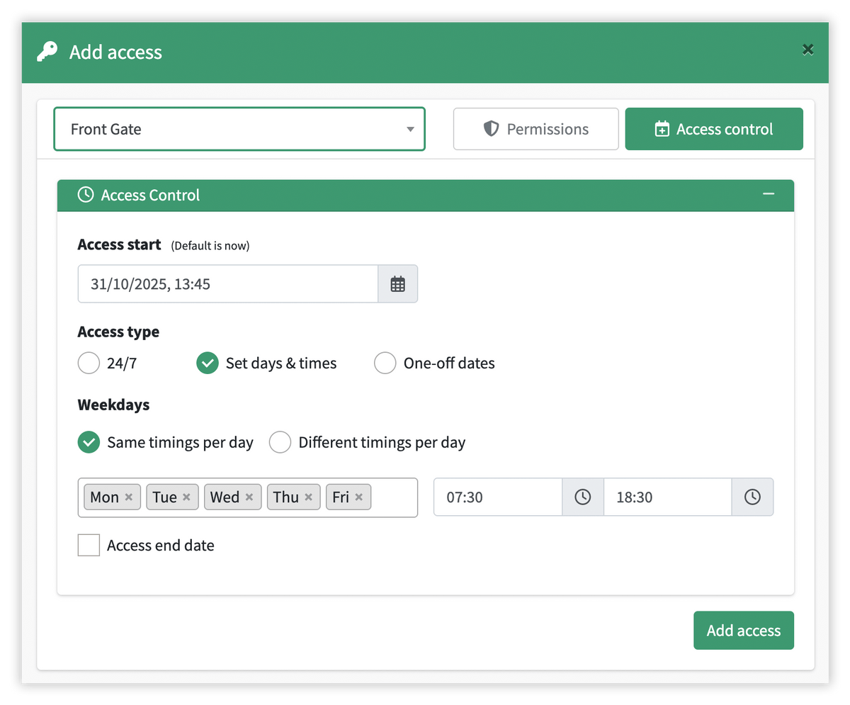 Gate access control settings interface with time and date selectors